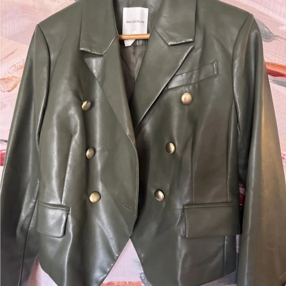 Avec Les Filles  Olive  faux Leather Jacket with Gold Buttons - Picture 2 of 11